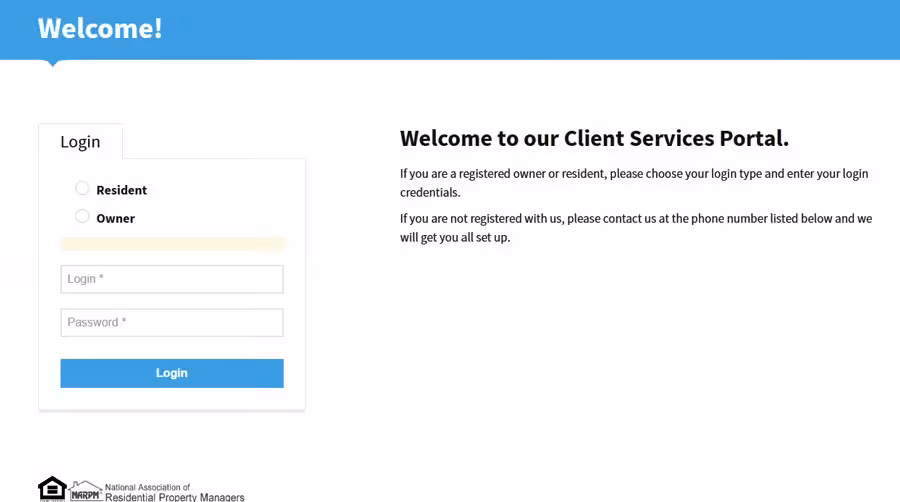 screen grab of Management One Client Portal Login Screen