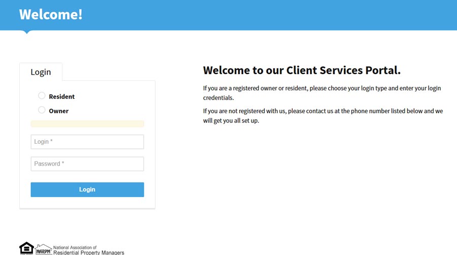 Screen grab of management one client portal login screen