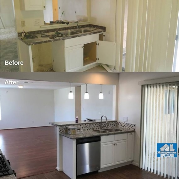 Before and after views of a property's kitchen improvement
