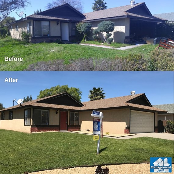 Before and after views of a property's yard improvement