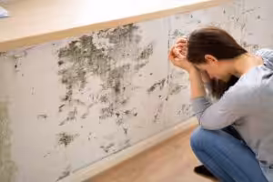 Sad woman beside a wall with mold Sad woman beside a wall with mold