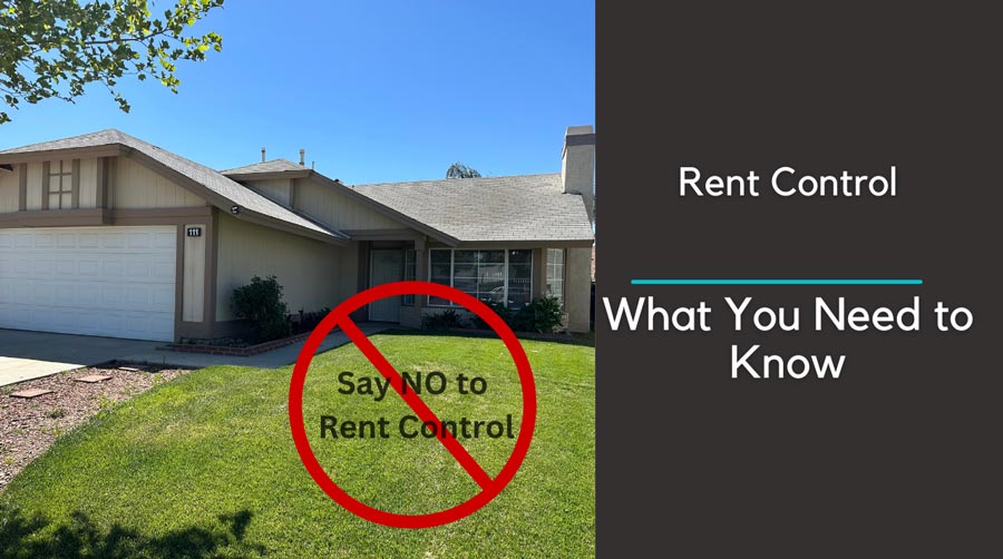 house in background with the words "say no to rent control" in the foreground