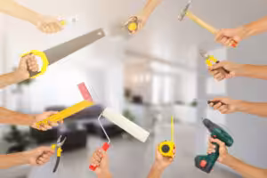 Hands with construction tools