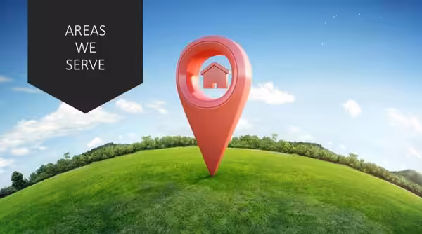 Check Out the Areas We Serve mock up of a map marker on a green hill