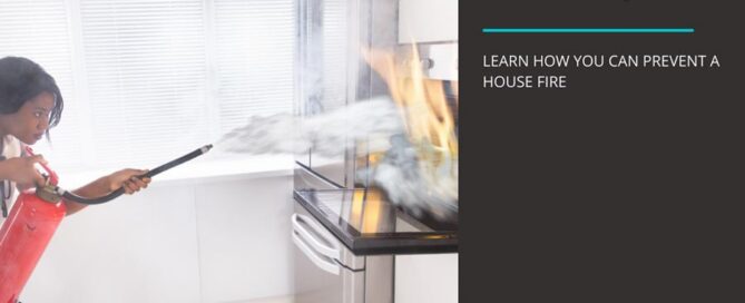 woman putting out a stove fire with a fire extinguisher