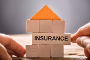 Hands and Wooden House with Insurance word