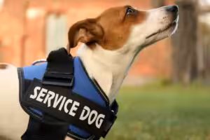 Dog wearing service dog vest Property Management Company in Orange