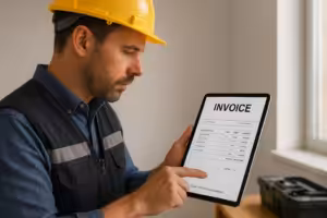 Construction Worker Reviewing Invoice Huntington Beach Property Management