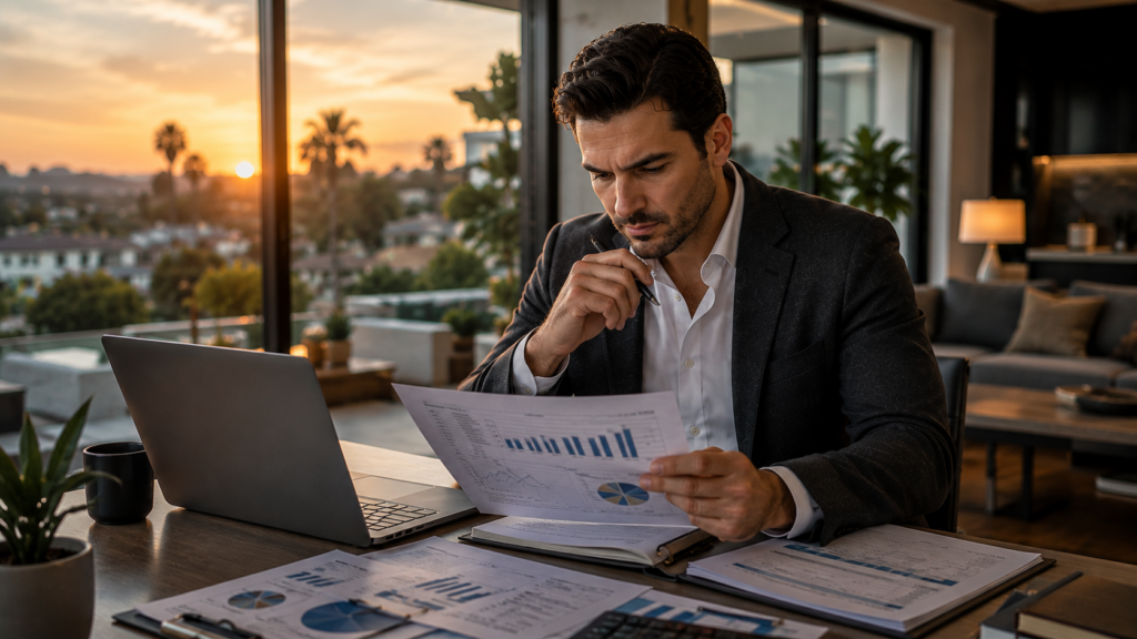 1 | Management One Professional landlord reviewing rental market reports and leasing data inside a modern Southern California home office at sunset