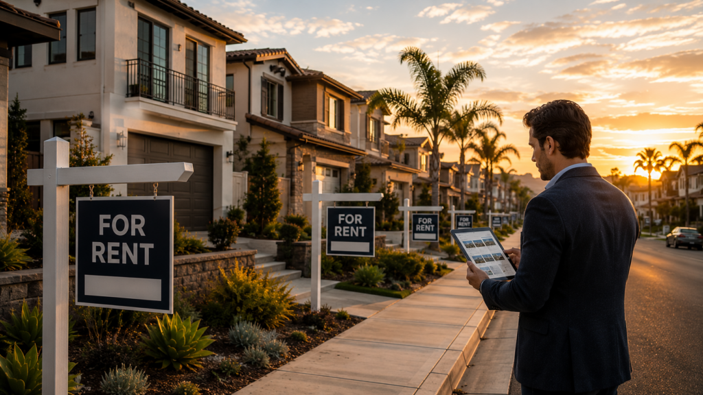 2 | Management One Multiple Southern California homes with for rent signs as a real estate investor reviews listings on a tablet at sunset