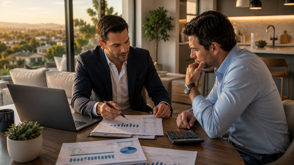 3 | Management One Property manager and rental owner discussing rental pricing strategy and market data in a modern luxury home