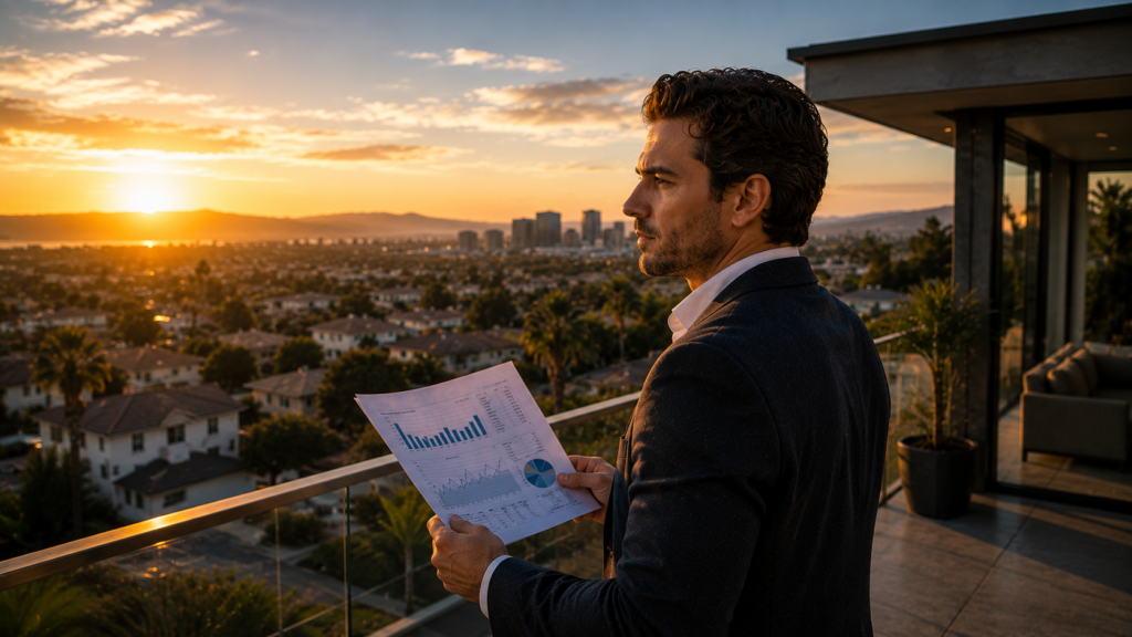 | Management One Real estate investor overlooking a Southern California city skyline while reviewing rental market performance reports at sunset