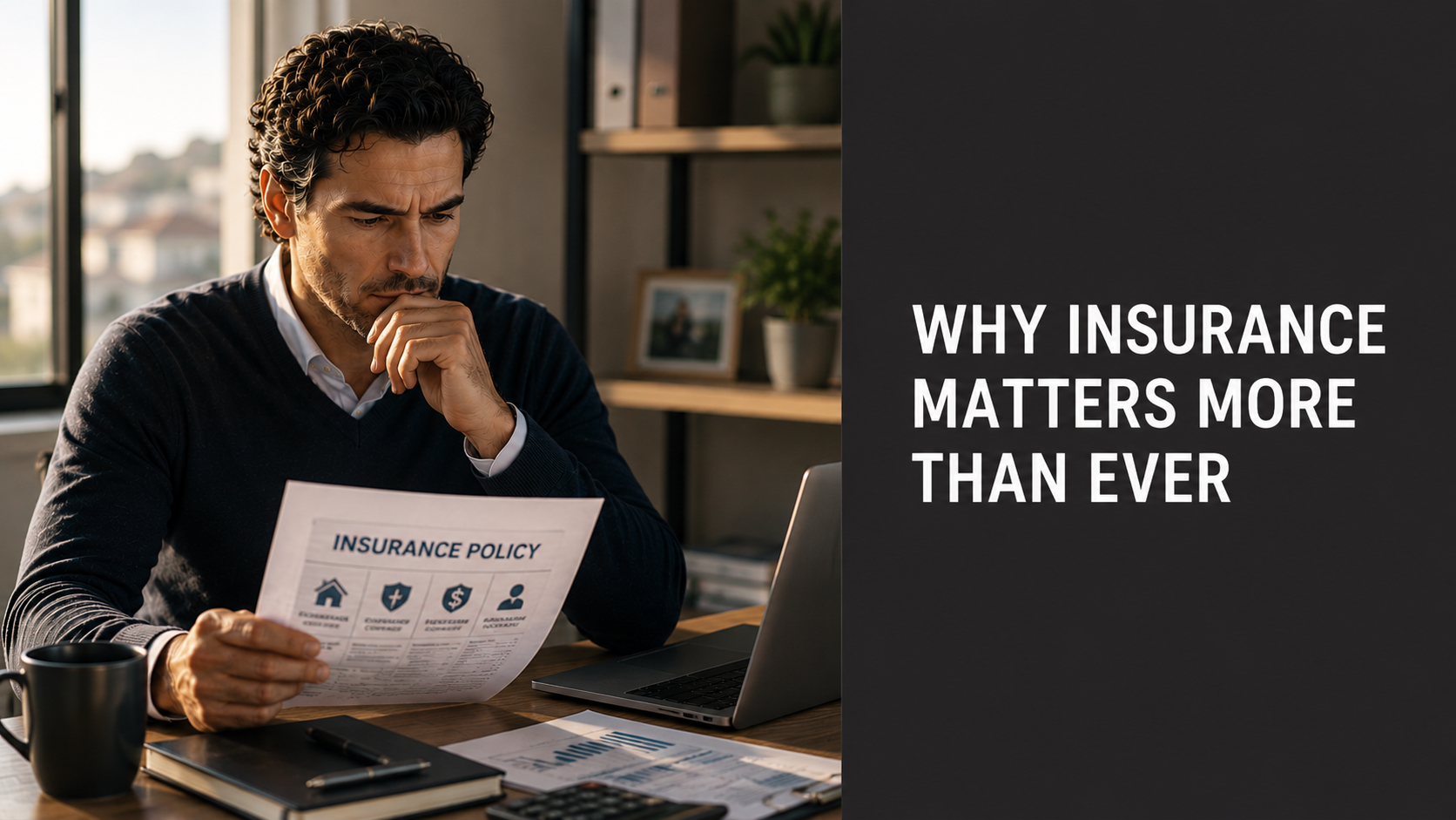 Landlord reviewing insurance policy documents in a modern office while evaluating rental property protection and liability coverage.