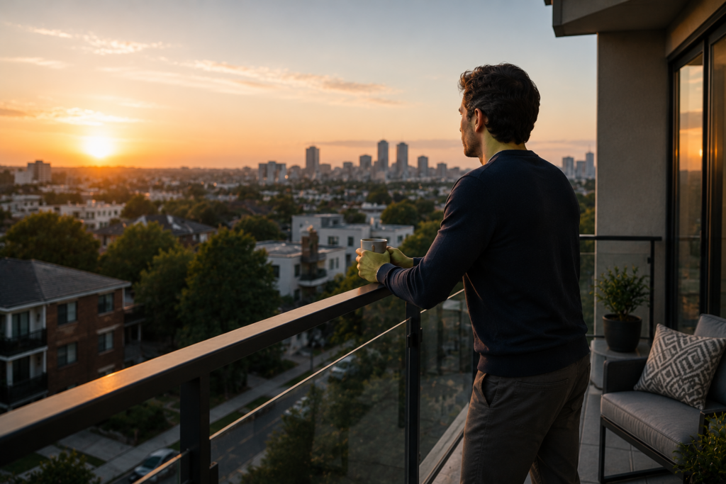 Investor Confidence | Management One | Management One Real estate investor overlooking a city skyline from a modern balcony at sunset, symbolizing long-term confidence and stability in rental property investing.