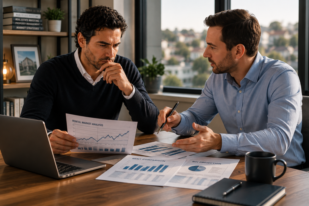 Pricing strategy discussion | Management One | Management One Property manager and rental property owner reviewing rental market analysis, pricing strategy, and investment performance reports in a modern office.