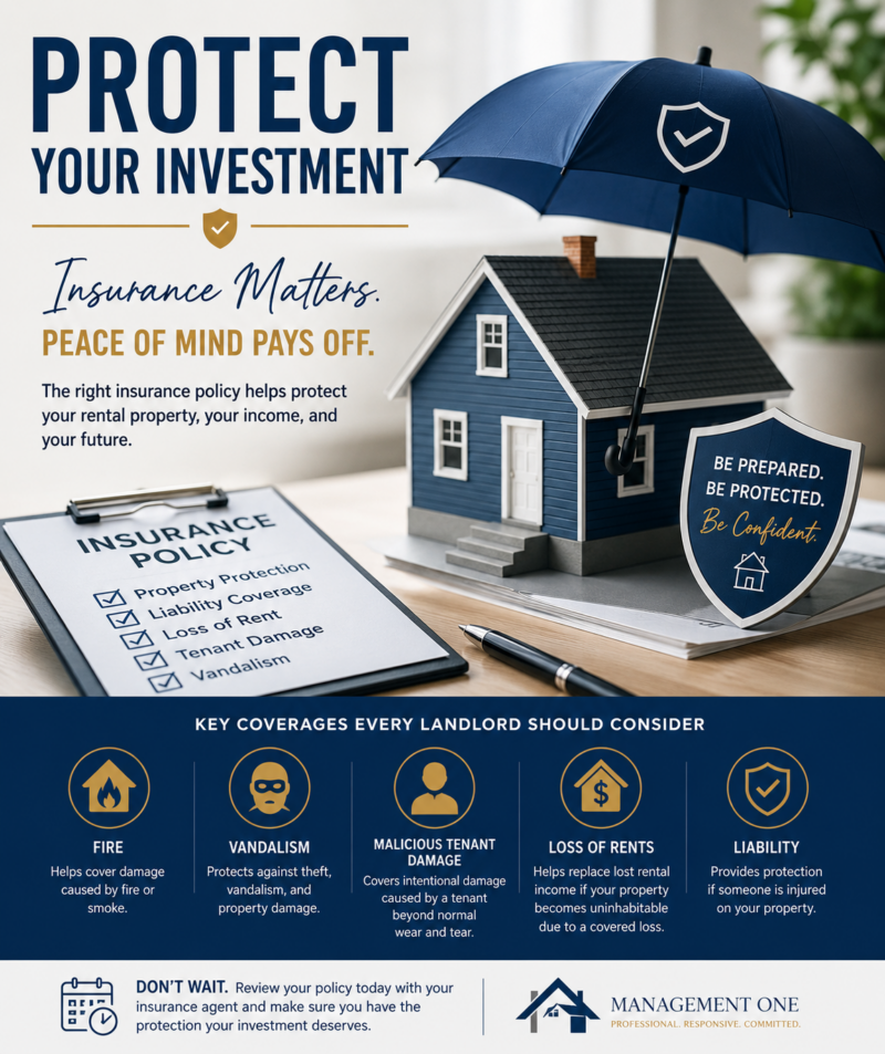 Protect Your Investment | Management One | Management One Professional landlord insurance infographic featuring rental property protection coverages including fire, vandalism, liability, malicious tenant damage, and loss of rents.