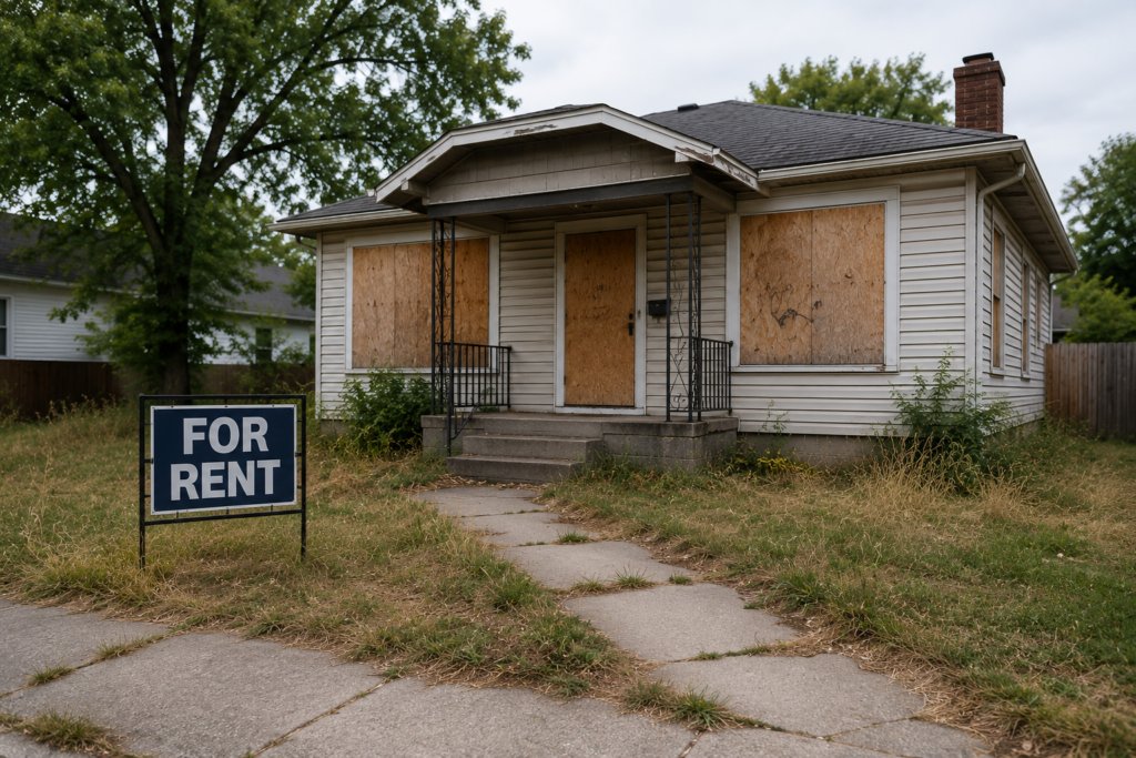 Vacant property | Management One | Management One Vacant rental property with boarded windows and a for rent sign, representing vacancy risks, vandalism exposure, and extended downtime for landlords.