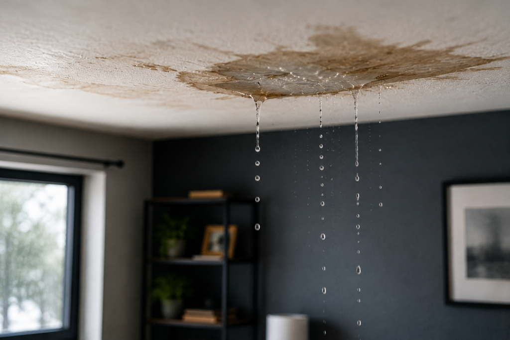 Water Damage | Management One | Management One Ceiling water leak causing interior damage inside a residential rental property, highlighting the financial risks of water intrusion for landlords.