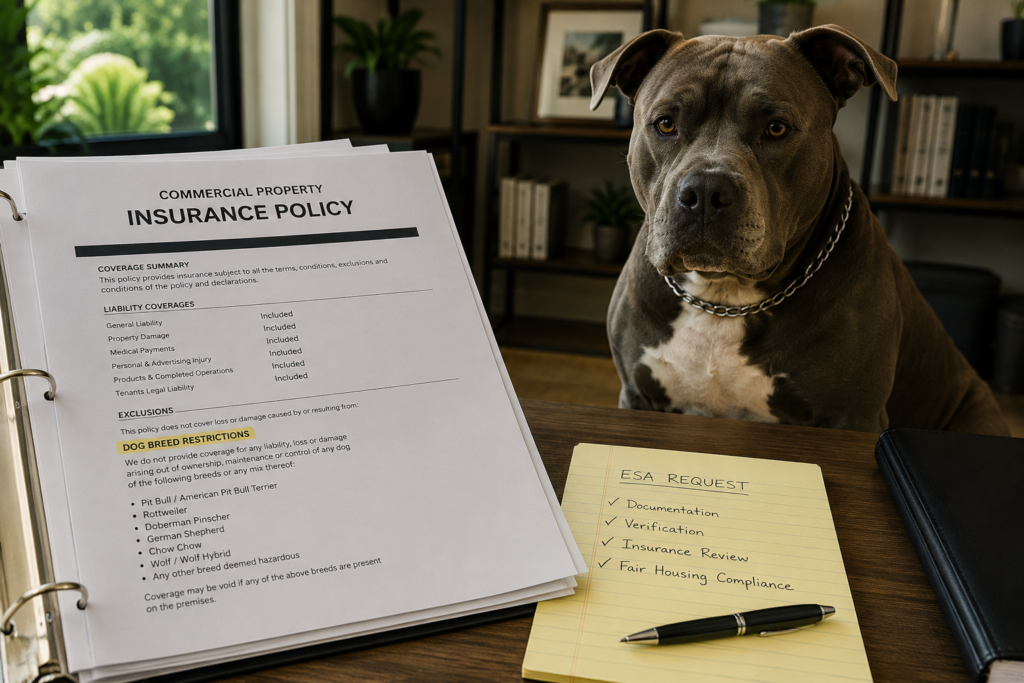 Insurance policy documents highlighting breed restrictions and liability considerations for landlords.