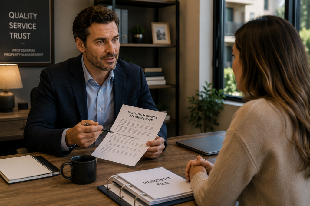 Property manager reviewing emotional support animal accommodation documentation with a resident.