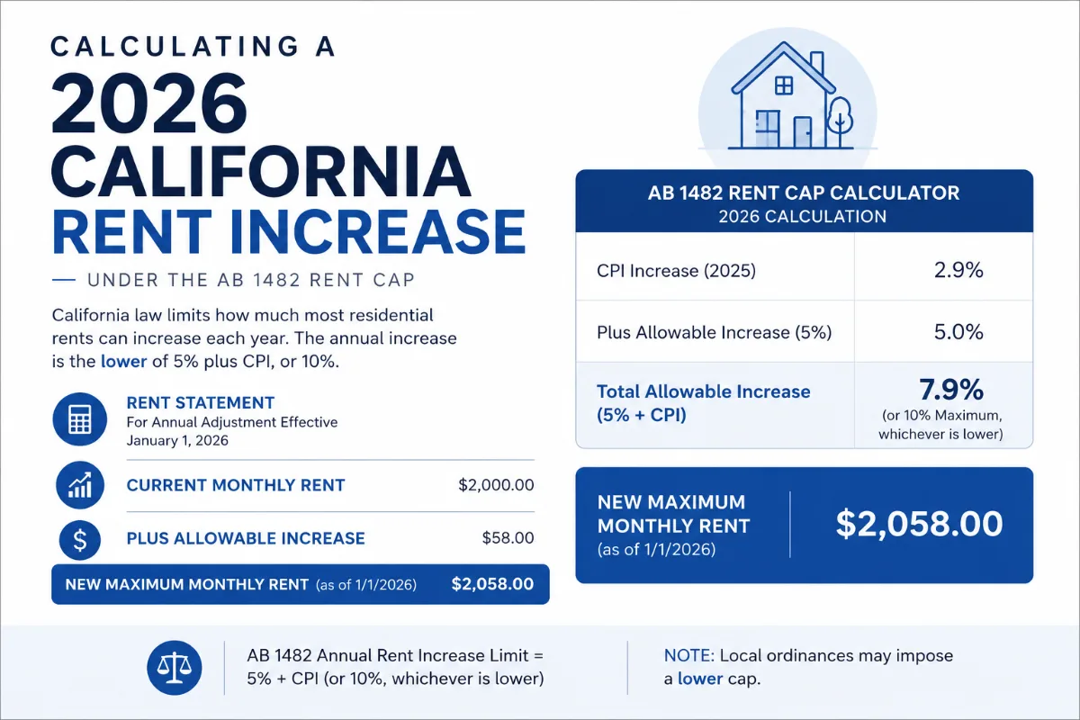 An infographic showing how to calculate the 2026 California rent increase under the AB 1482 rent cap, demonstrating a 7.9% increase on a $2,000 rent to make it $2,058.
