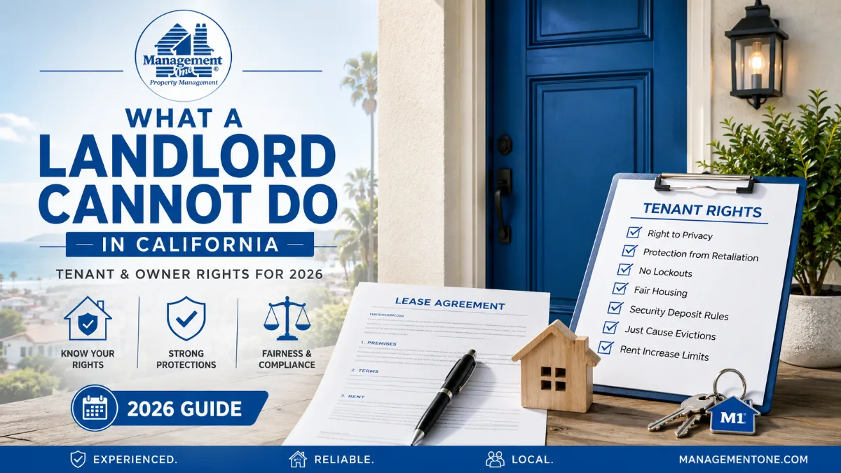 Informative graphic titled What a Landlord Cannot Do in California for 2026 featuring a checklist of tenant rights and a lease agreement.