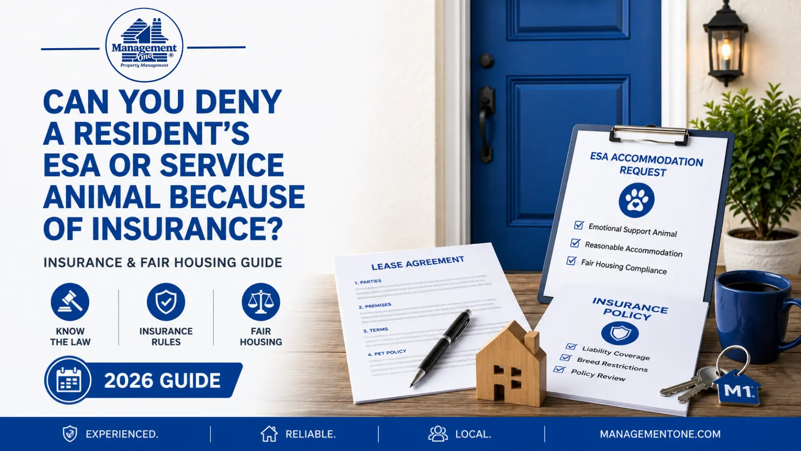 California landlord reviewing emotional support animal (ESA) and service animal insurance rules with accommodation request forms, lease agreement, and fair housing compliance documents.