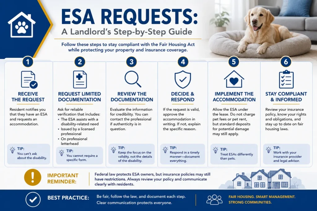 esa-accommodation-best-practices-checklist Step-by-step infographic showing best practices for landlords when evaluating emotional support animal accommodation requests under Fair Housing laws.