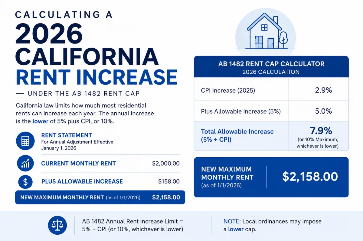 Infographic showing a 2026 California rent increase calculation under AB 1482, with an allowable increase of 7.9% and new maximum rent of $2,158.00 from $2,000.00.