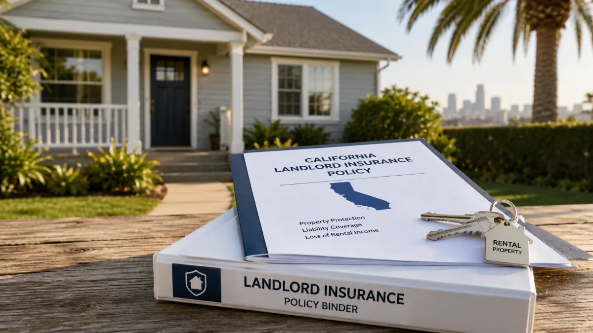 California landlord insurance policy binder with keys on a wooden table in front of a suburban home.