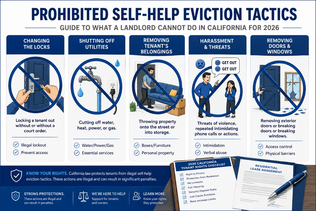 Illustration listing illegal self-help eviction tactics with a red prohibited symbol