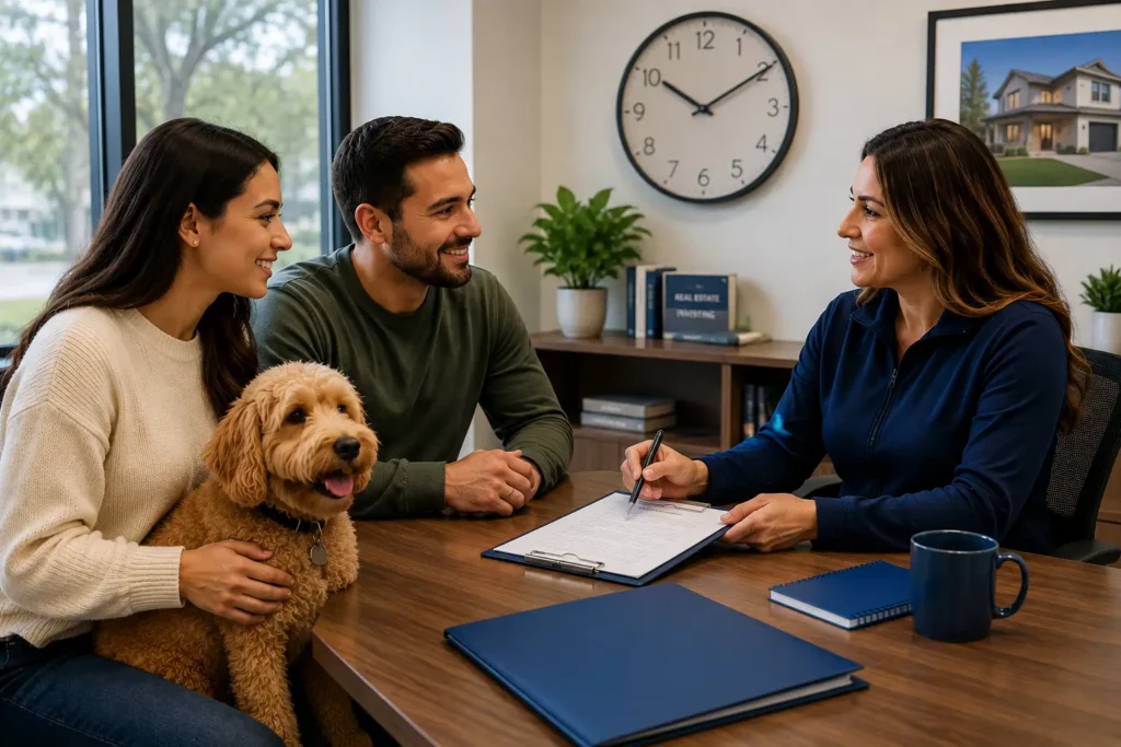 property-manager-reviewing-esa-accommodation-request Property manager reviewing an emotional support animal (ESA) accommodation request with rental applicants and their dog in a professional office.