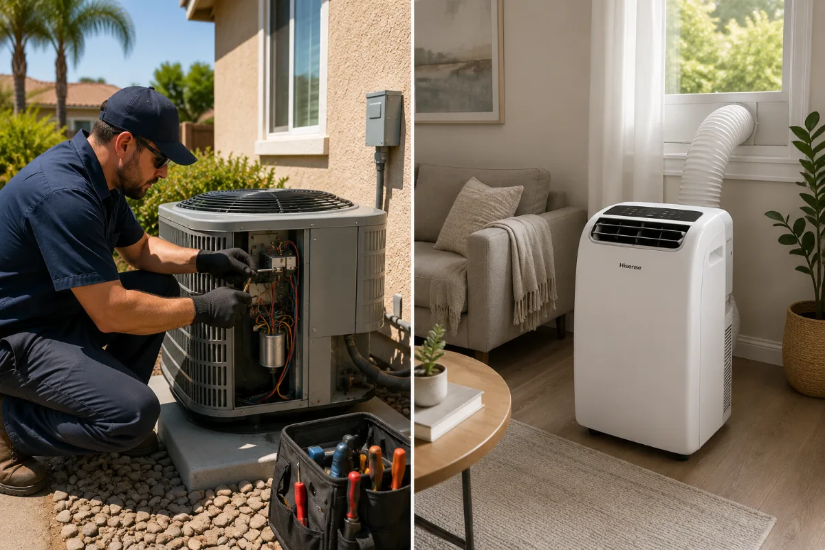 Split-view of a technician servicing an outdoor condenser while a portable AC unit cools an interior room
