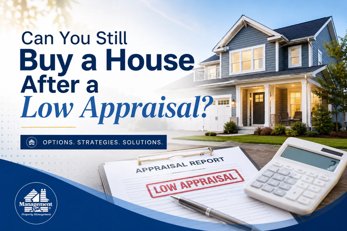 Modern house with a 'Low Appraisal' report, calculator, and pen, asking 'Can You Still Buy a House After a Low Appraisal?' promoting real estate solutions.