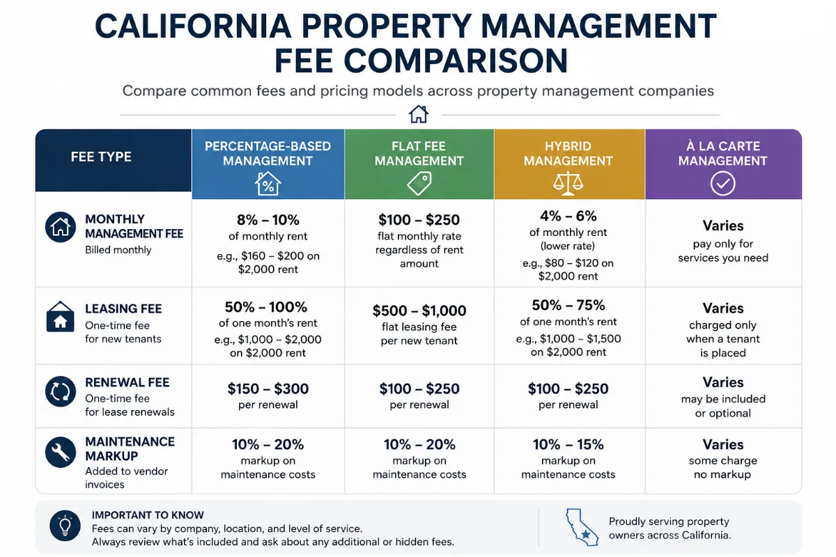 Fee comparison table showing monthly management fee, leasing fee, renewal fee, and maintenance markup across property management pricing models