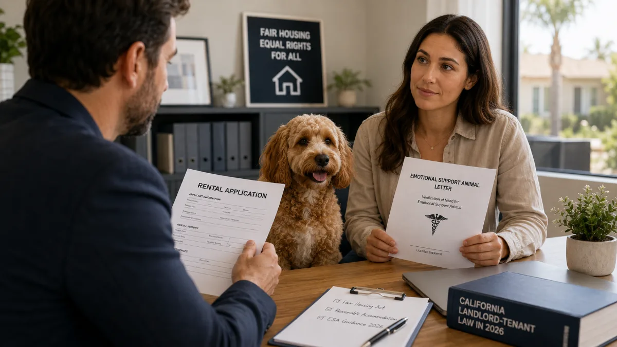 California landlord reviewing emotional support animal documentation with a tenant in 2026
