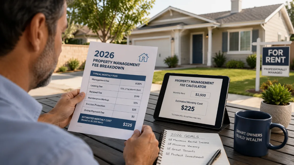 A man carefully reviews property management fees for a California rental property, holding a '2026 Property Management Fee Breakdown' sheet and looking at a tablet displaying a 'Property Management Fee Calculator' with an estimated monthly cost, all set in front of a house with a 'For Rent' sign.