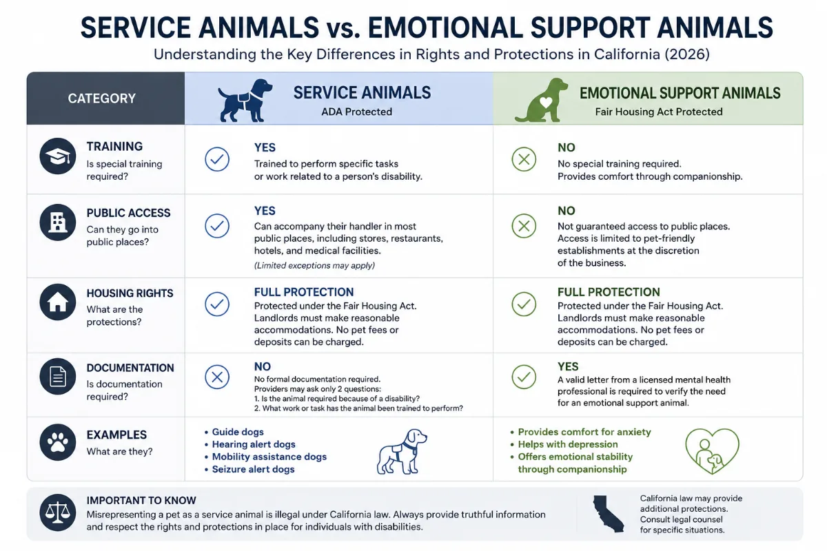 Comparison chart contrasting service animals and emotional support animals across training, access rights, and housing accommodation