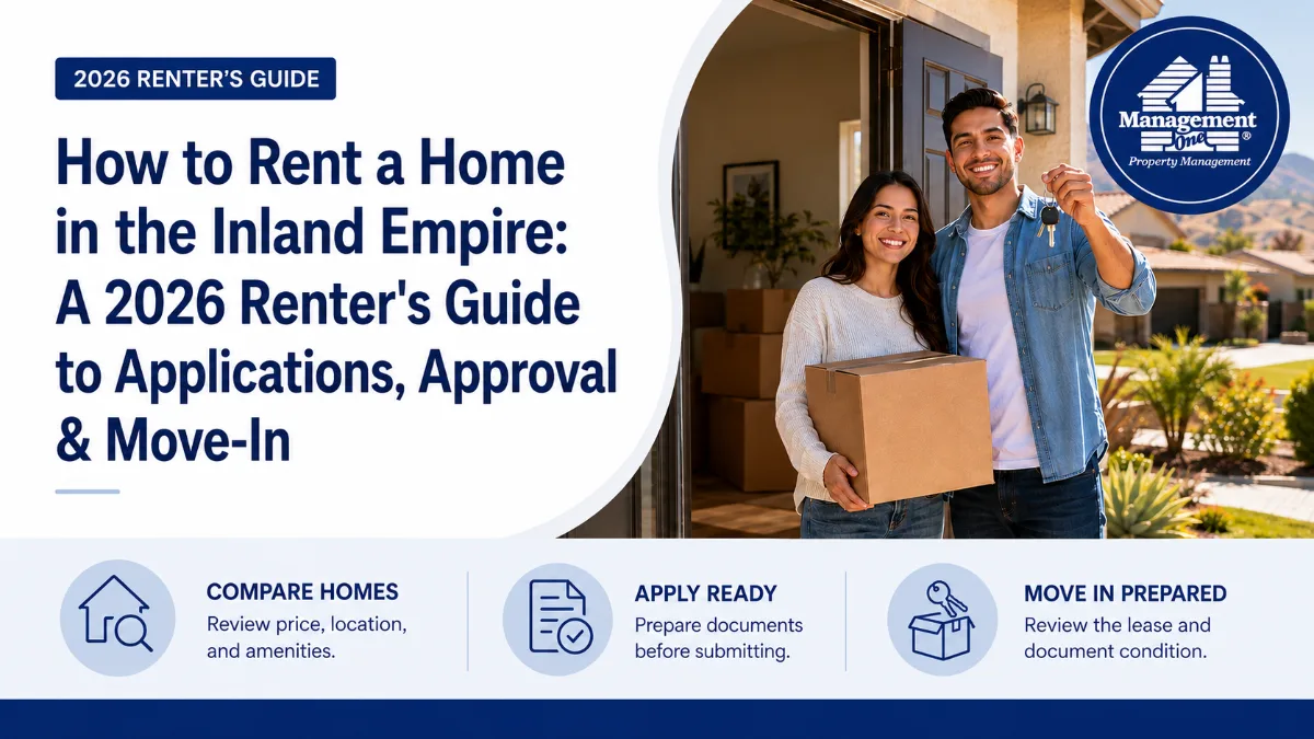 Smiling couple holding new house keys and a moving box in front of a modern home, next to a 2026 Renter's Guide for the Inland Empire, detailing application, approval, and move-in steps from Management One Property Management.