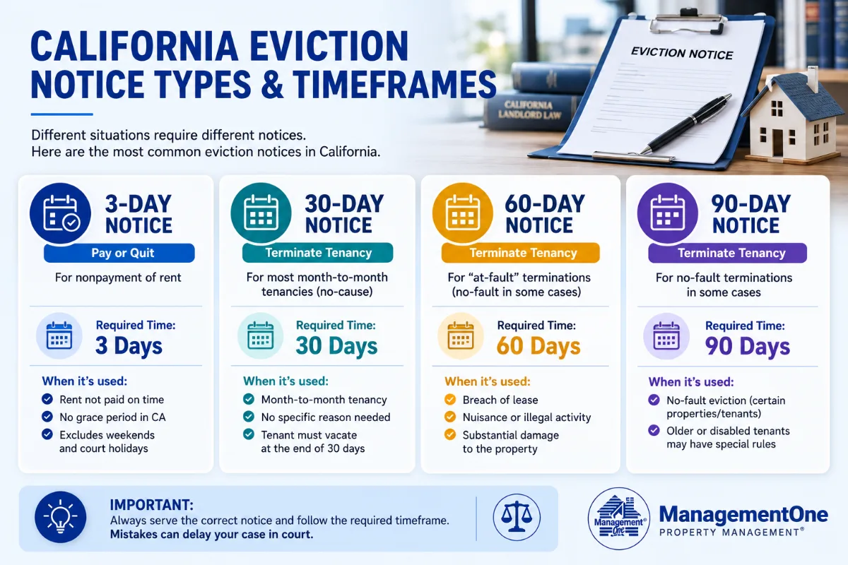 Comparison chart of California eviction notice types and their required time periods
