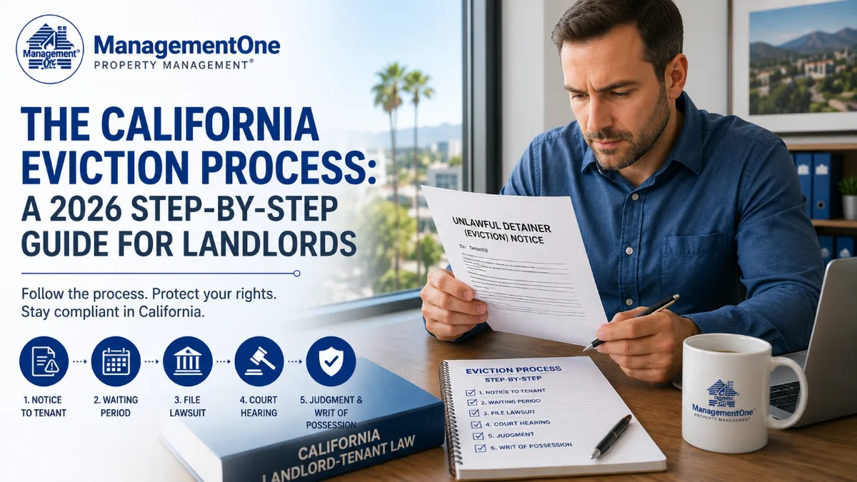 Man reviewing an 'Unlawful Detainer (Eviction) Notice,' with a ManagementOne Property Management guide detailing 'The California Eviction Process: A 2026 Step-by-Step Guide for Landlords,' including a 5-step infographic and a 'California Landlord-Tenant Law' book.