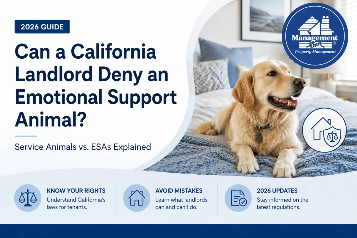 A golden retriever dog lying on a bed next to text asking 'Can a California Landlord Deny an Emotional Support Animal?', with subtext 'Service Animals vs. ESAs Explained'. The image also highlights 'Know Your Rights', 'Avoid Mistakes', and '2026 Updates' regarding California tenant laws, featuring the Management One Property Management logo.