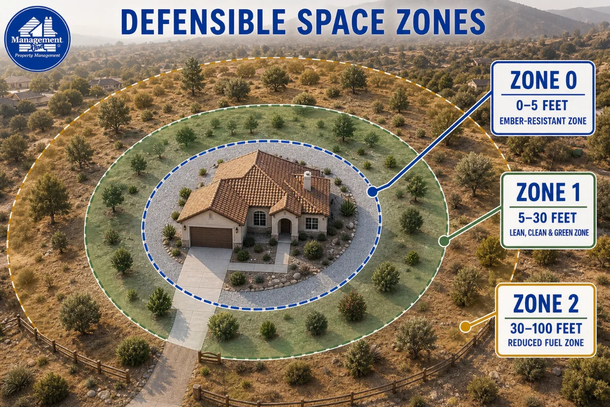 Wildfire defensible space zones diagram showing Zone 0, 1, and 2 around a home