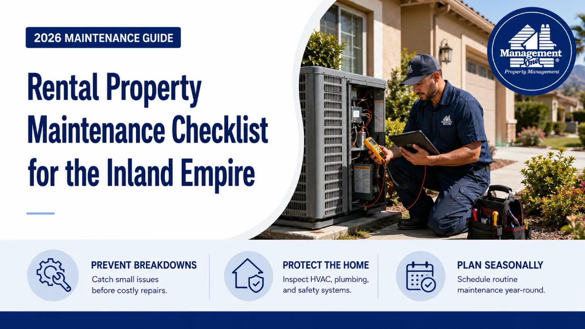 A technician inspects an outdoor HVAC unit, illustrating a 2026 Rental Property Maintenance Checklist for the Inland Empire by Management One Property Management.