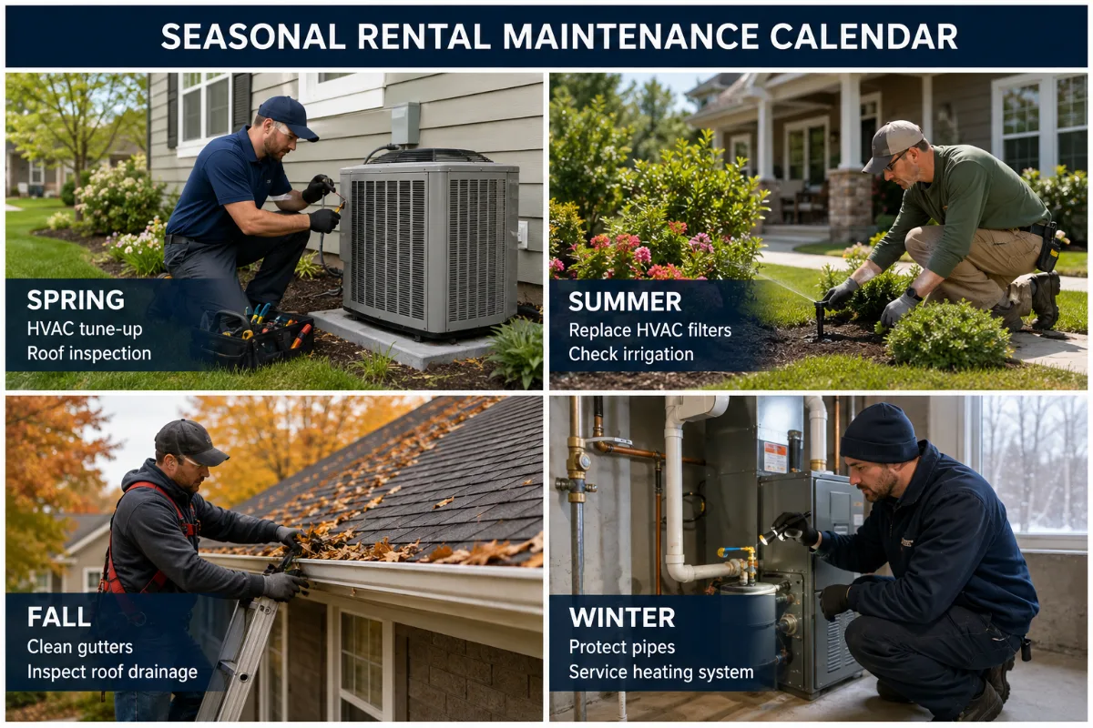 Seasonal rental maintenance calendar showing spring, summer, fall, and winter tasks