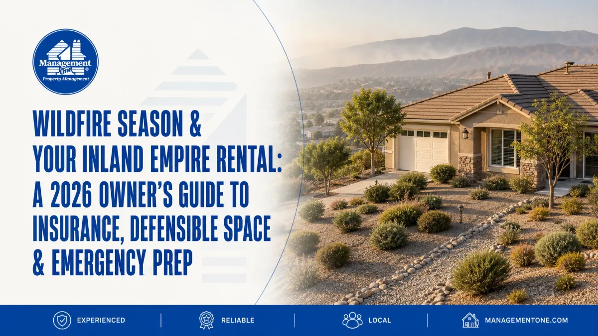 Management One Property Management graphic about wildfire season in the Inland Empire, featuring a modern home with drought-tolerant landscaping and hazy mountains, promoting an owner's guide to insurance, defensible space, and emergency preparedness.