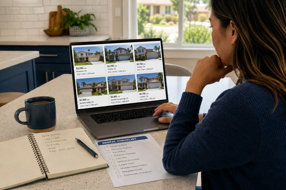 Renter comparing Inland Empire rental listings on a laptop with a notebook and checklist