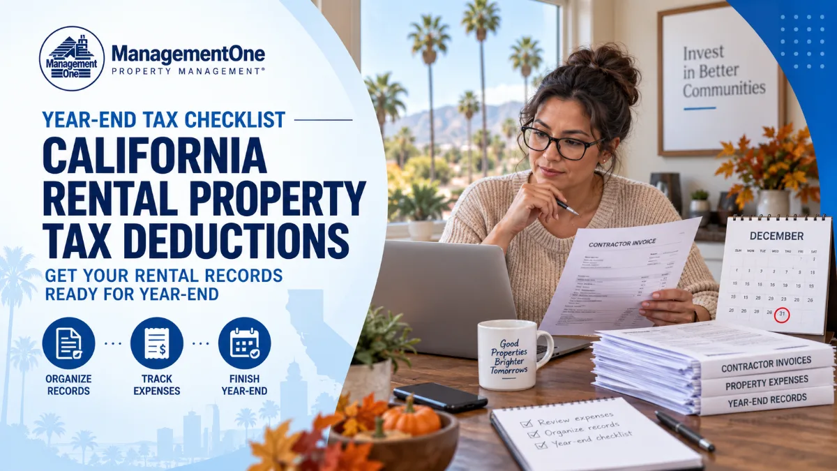 Woman reviews California rental property tax deductions checklist, documents, and calendar for year-end with ManagementOne branding.