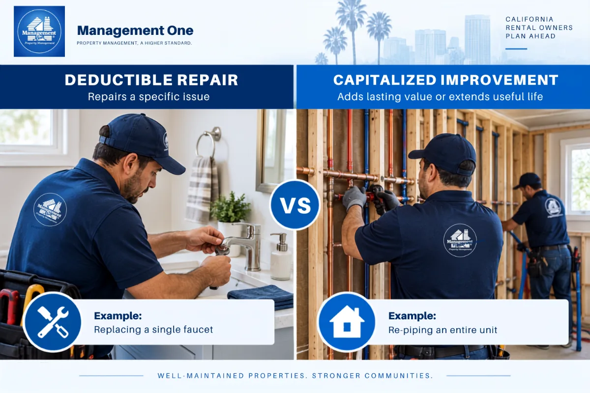 Side-by-side comparison of a deductible repair and a capitalized improvement on a rental unit