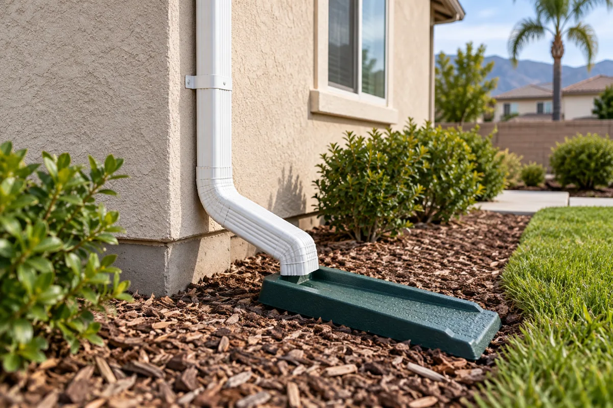 Downspout discharging onto a splash block several feet from the foundation of a stucco rental home